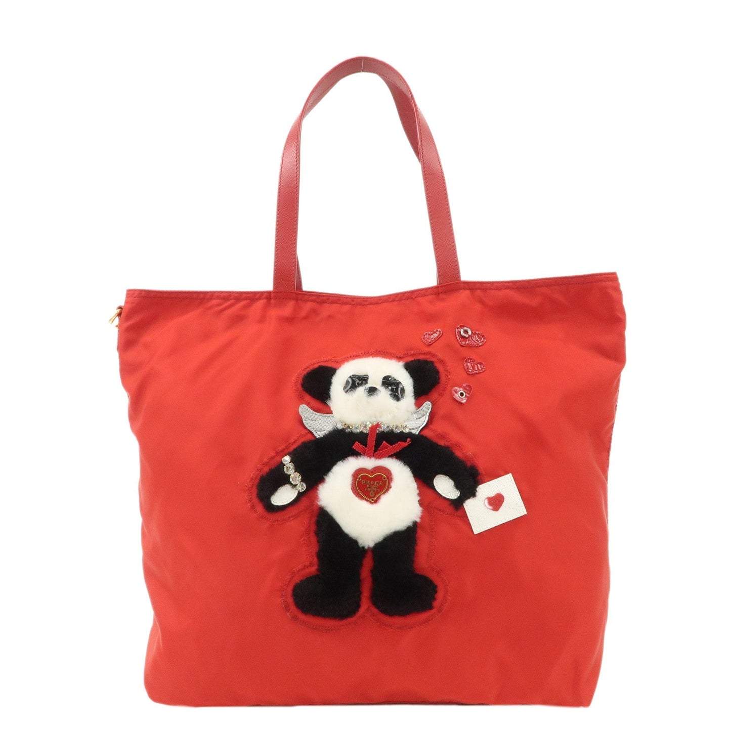 Prada Tote Bag Authentic Le ther Panda Shoudler Bag Nylon Red