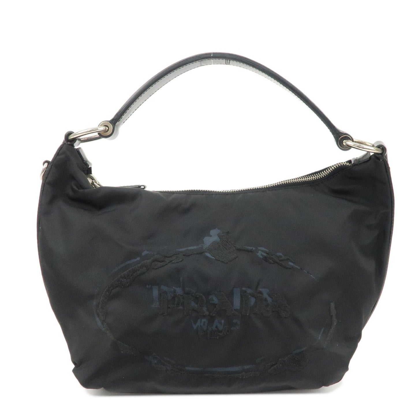 Prada Shoulder Bag Embroidery Hand Bag d Leather Nylon Black