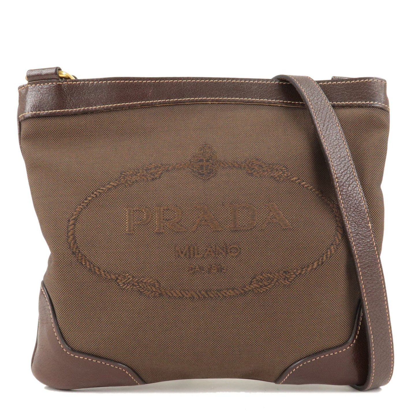 Prada Prada Logo Jacquard Canvas Leather Shoulder Bag Brown