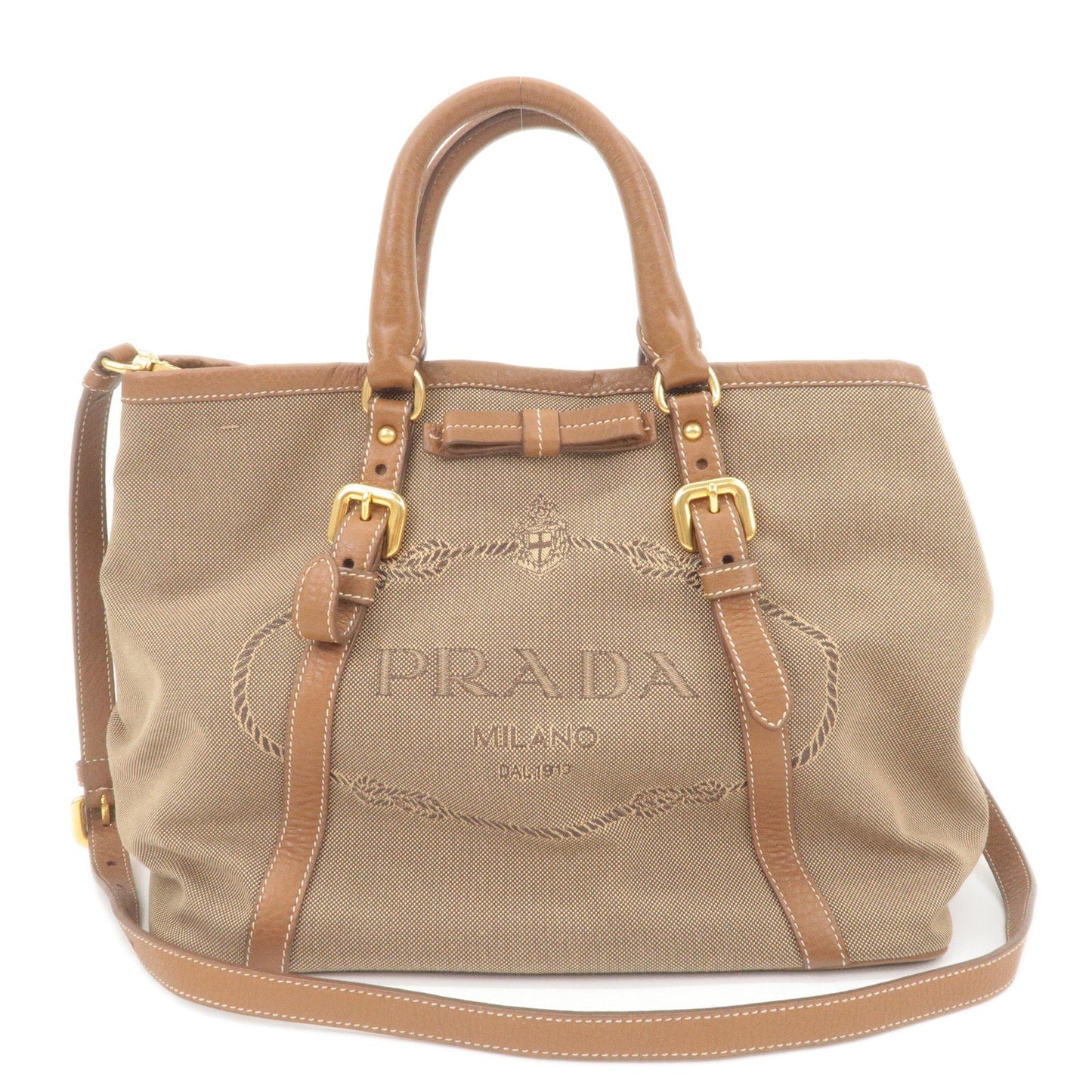 Prada Prada Logo Jacquard Leather 2Way Bag Brown Beige Travel Bag