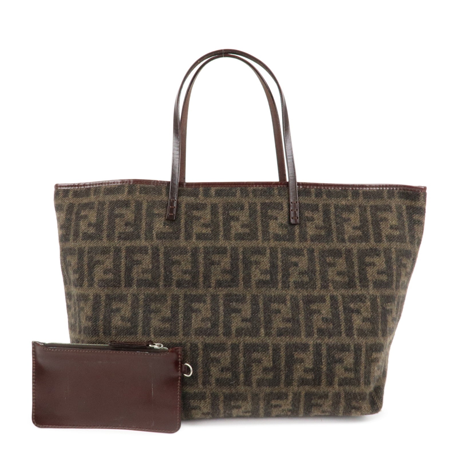 Fendi Tote Bag Zucca Wool Khaki Dark d Leather Black Brown