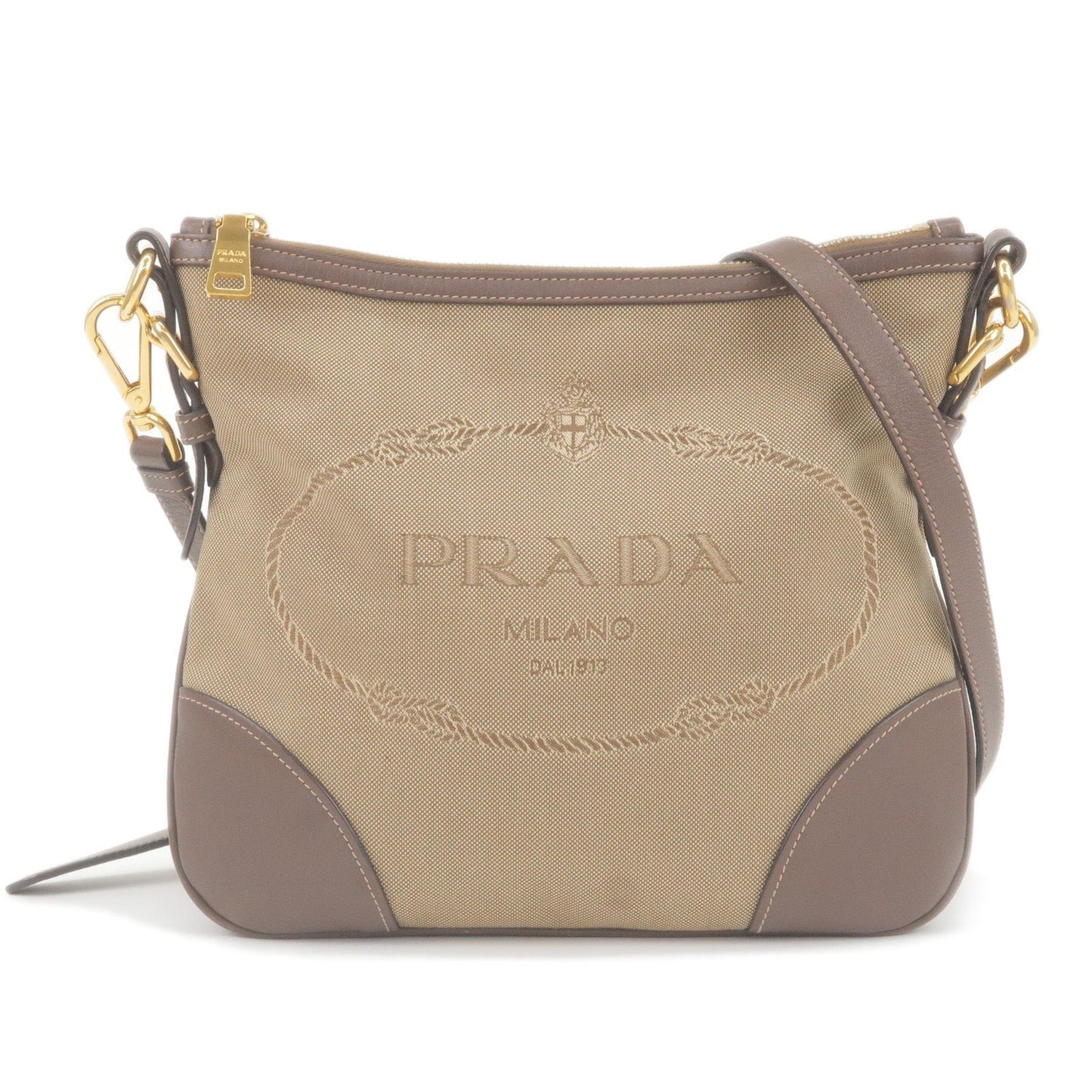 Prada Prada Logo Jacquard Leather Shoulder Bag Beige Brown Bt867A 36240 3