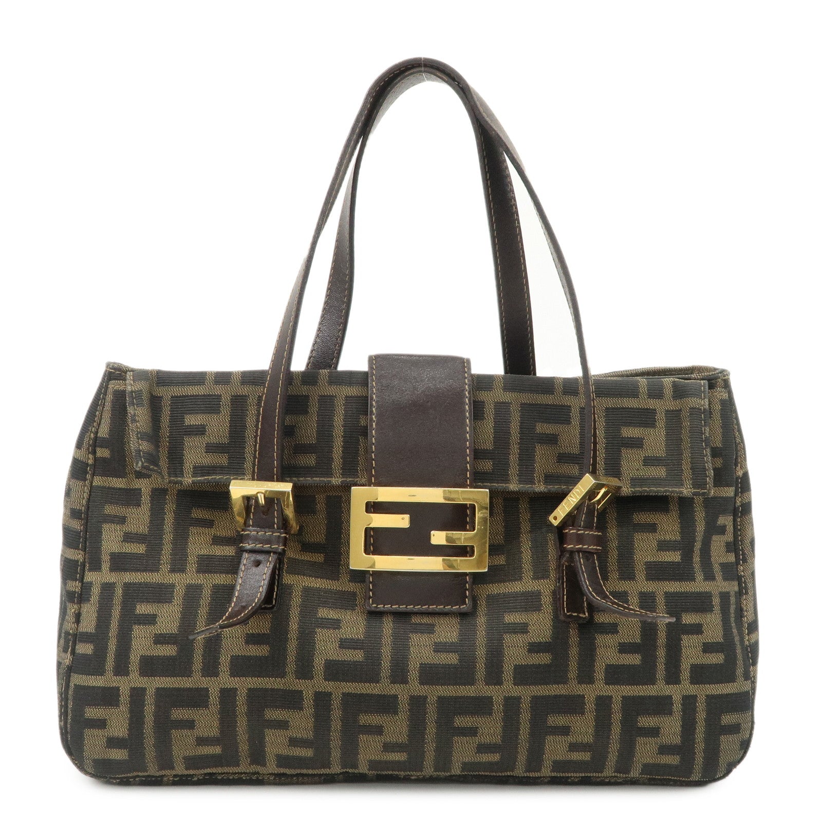 Fendi Zucca Hand Bag Hardware d Leather Canvas Black Handbag