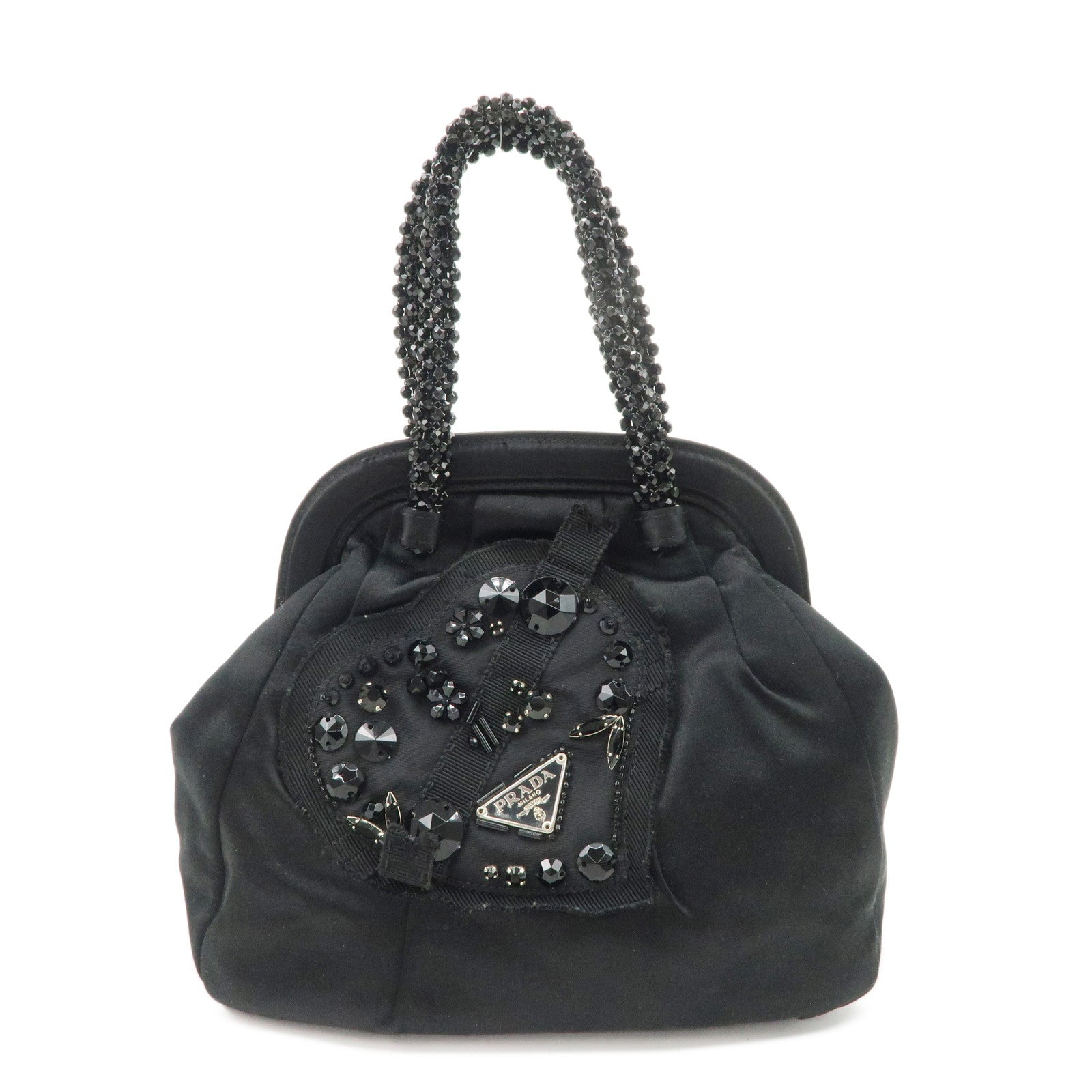 Prada Evening Heart Beaded Bijou Hand Bag d Satin Black Handbag