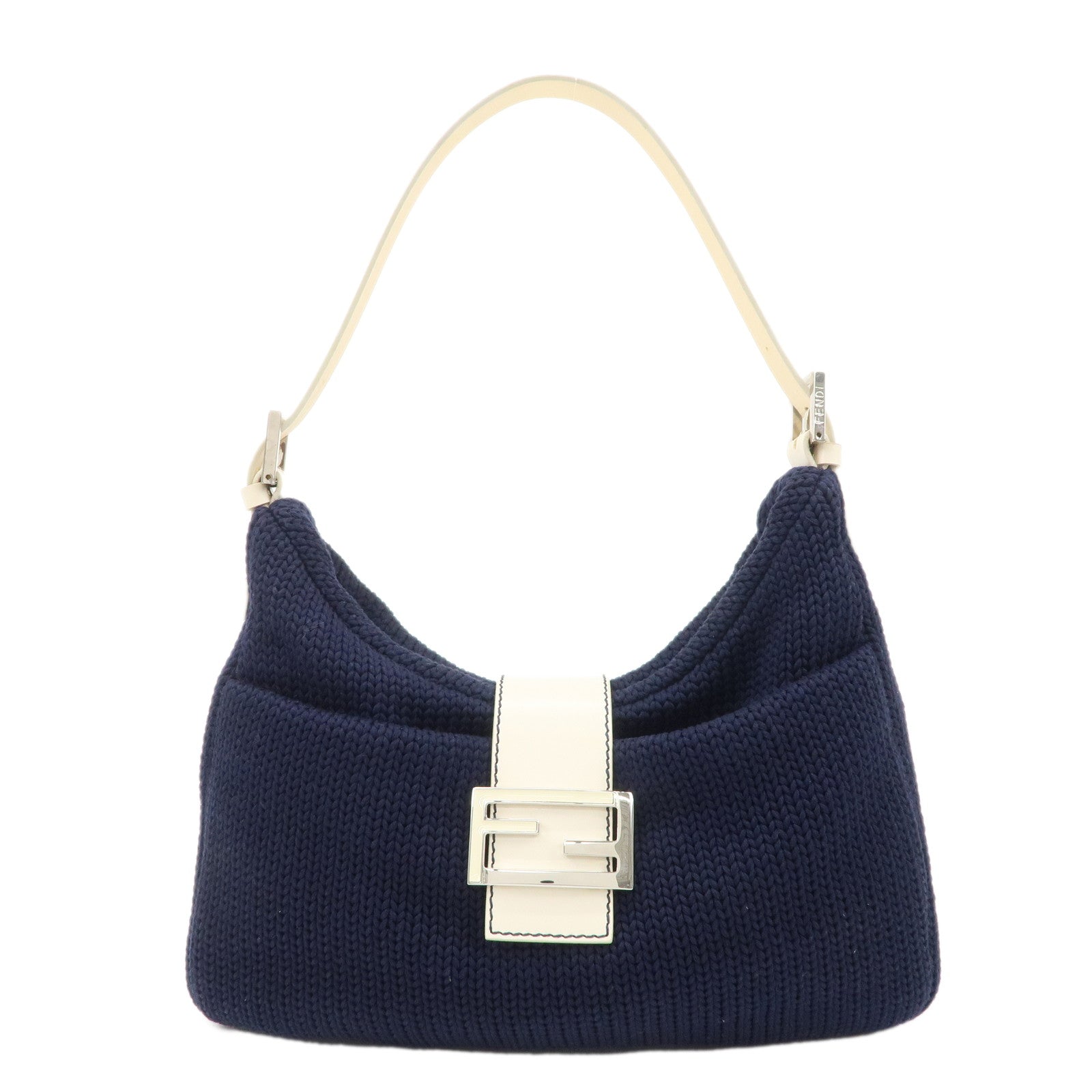 Fendi Shoulder Bag Wool d Leather White Navy