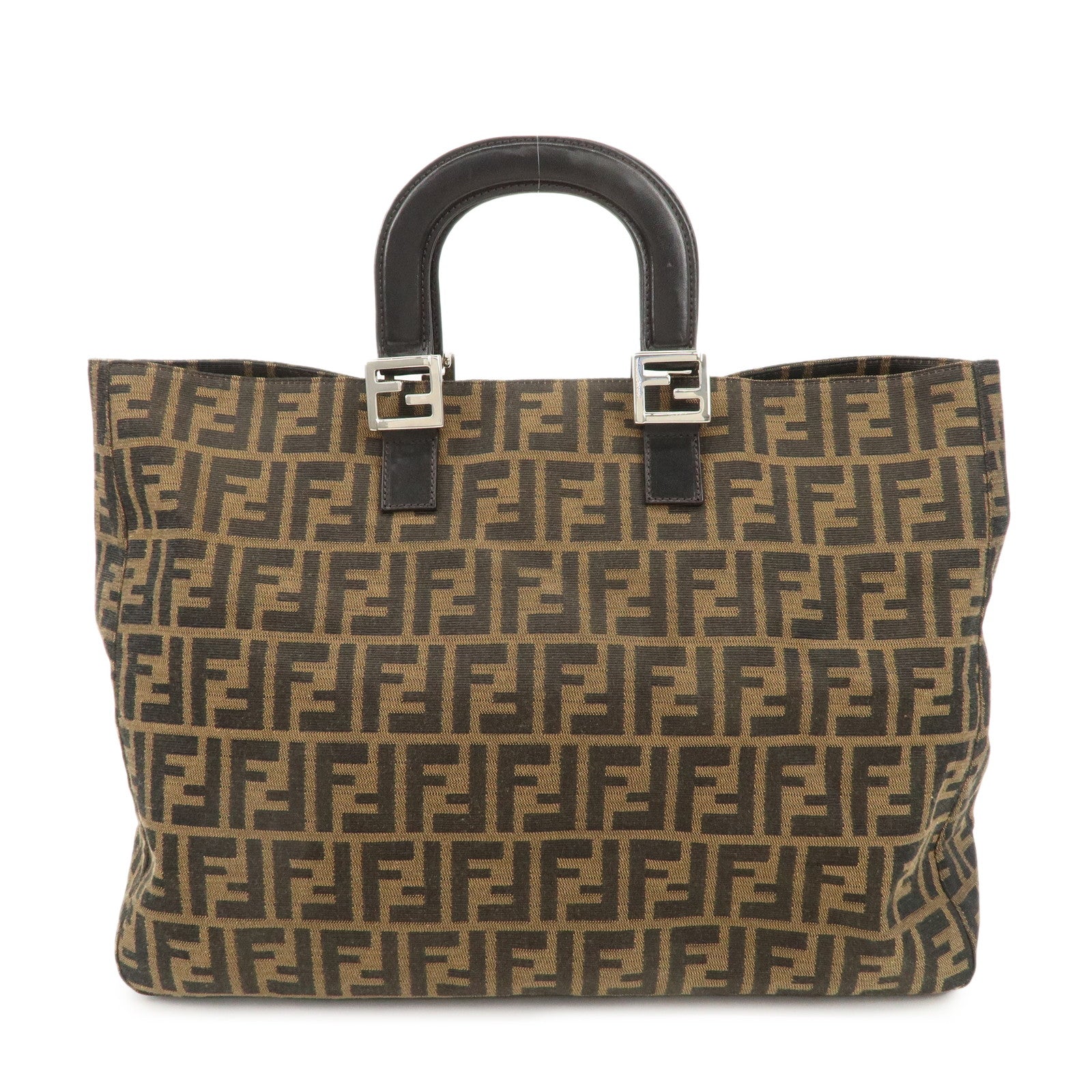Fendi Tote Bag Zucca d Leather Canvas Black Brown Black D