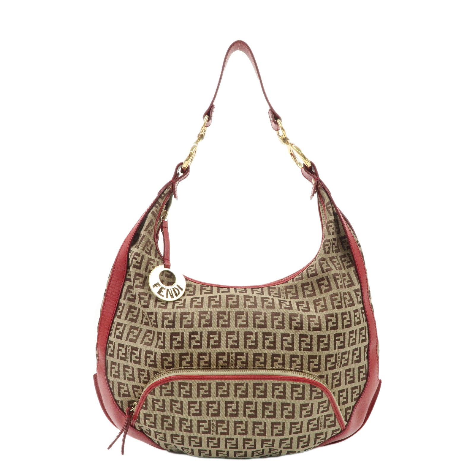 Fendi Shoulder Bag Zucchino Khaki d Leather Canvas Brown