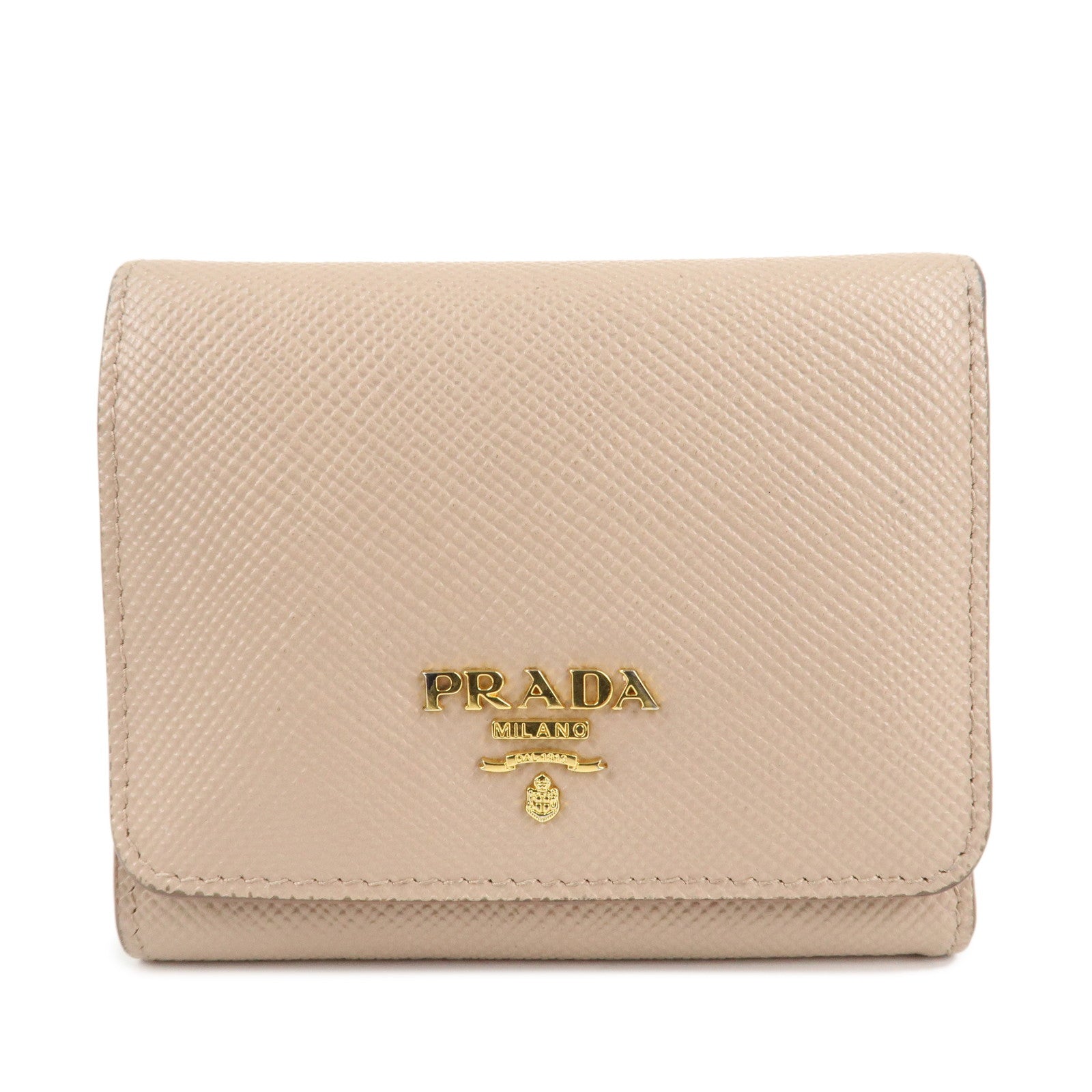 Prada Trifold Compact Wallet d Leather Saffiano Beige Handbag
