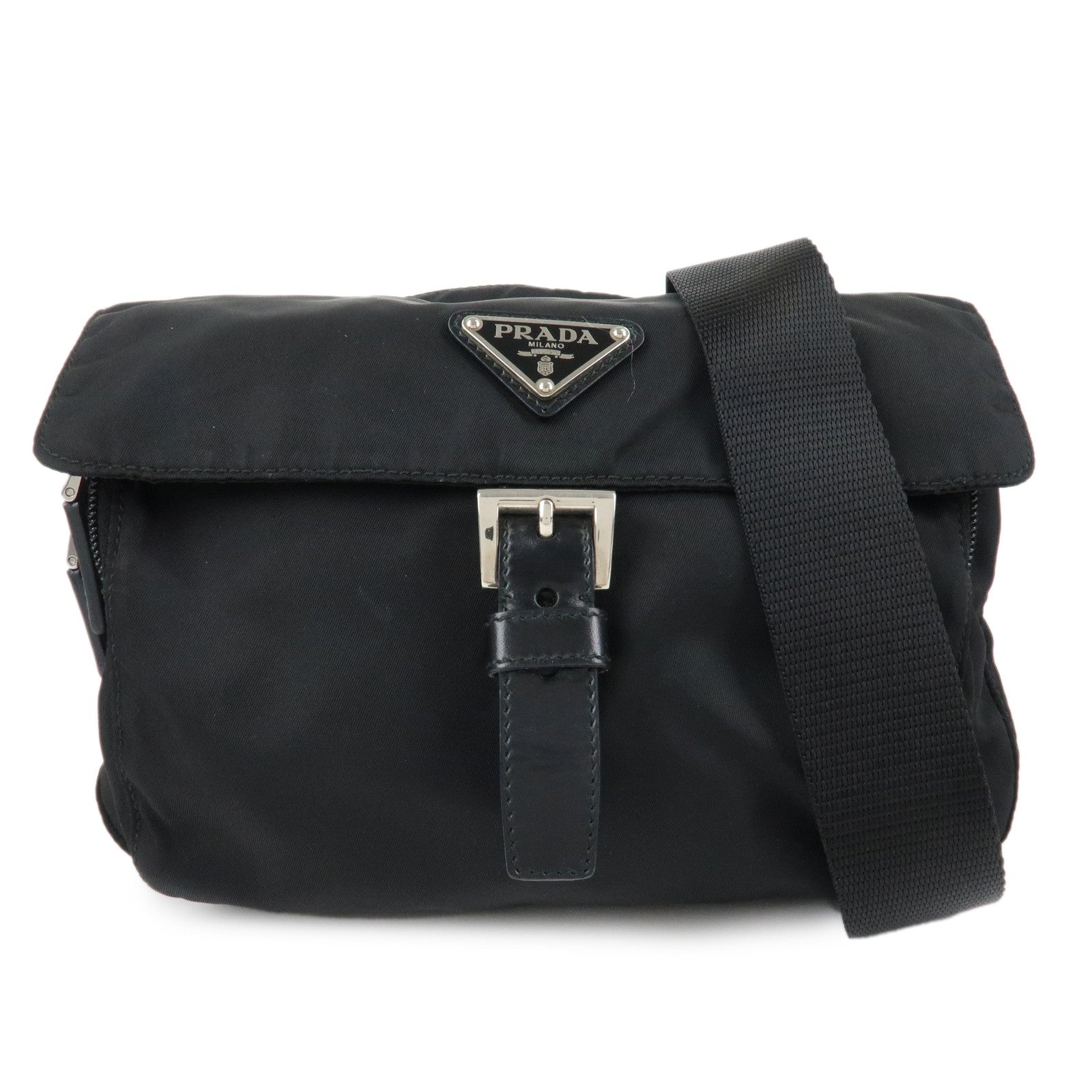 Prada Shoulder Bag Triangle d 2 Leather Nylon Black