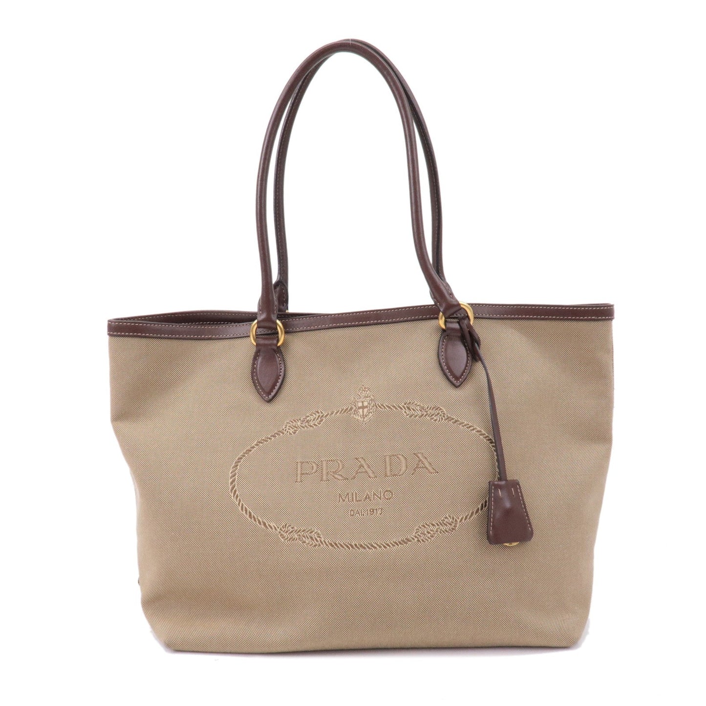 Prada Prada Logo Jacquard Leather Tote Bag Beige Brown