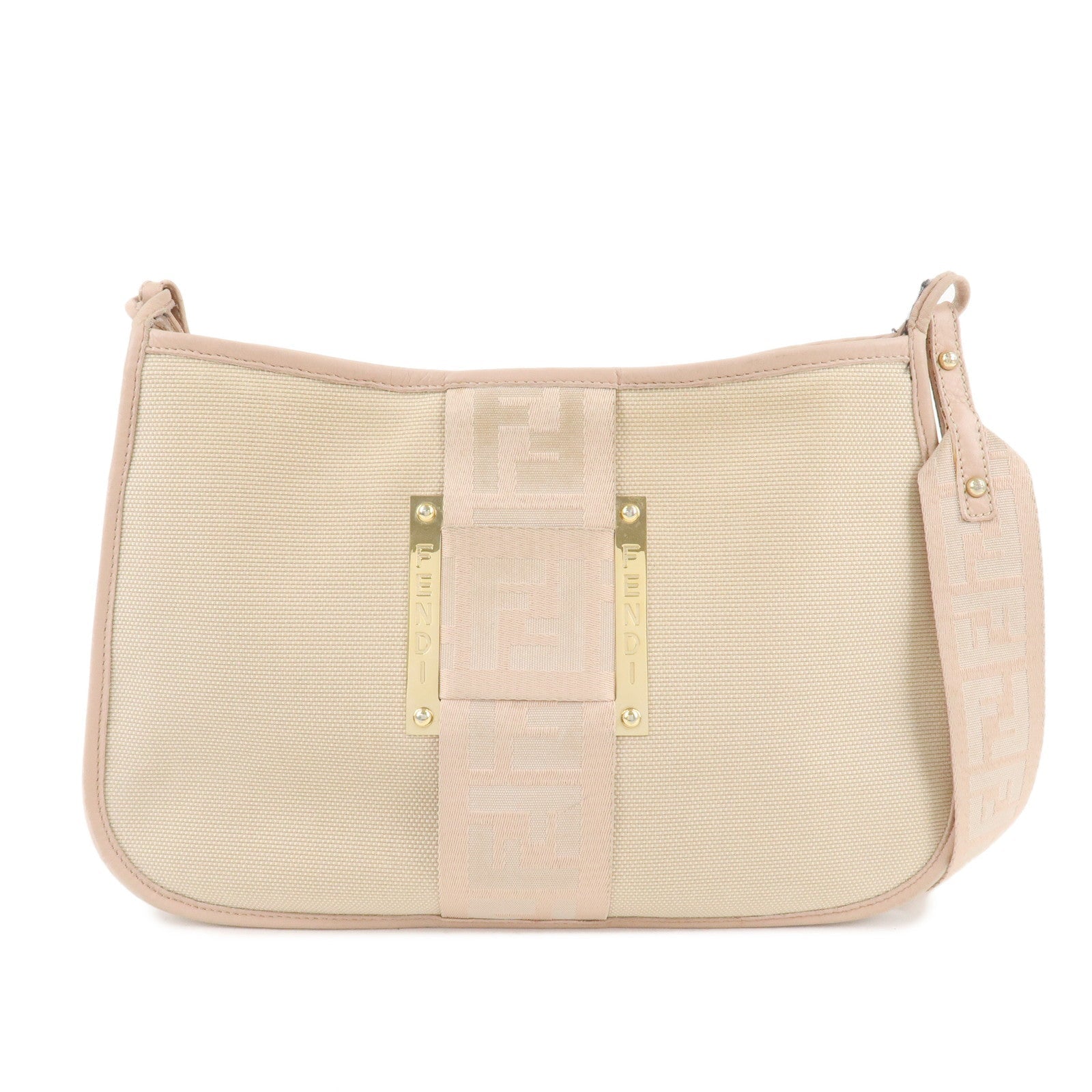 Fendi Shoulder Bag d Leather Canvas Beige