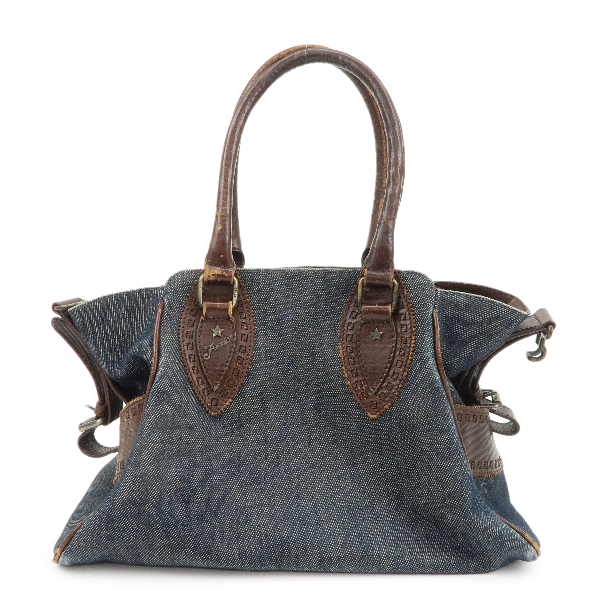 Fendi Shoulder Bag Ethnico d Leather Denim Brown