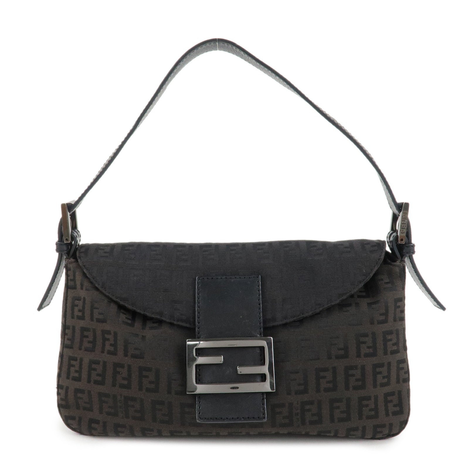 Fendi Shoulder Bag Mamma Baguette Zucchino d 2 Leather Canvas Black