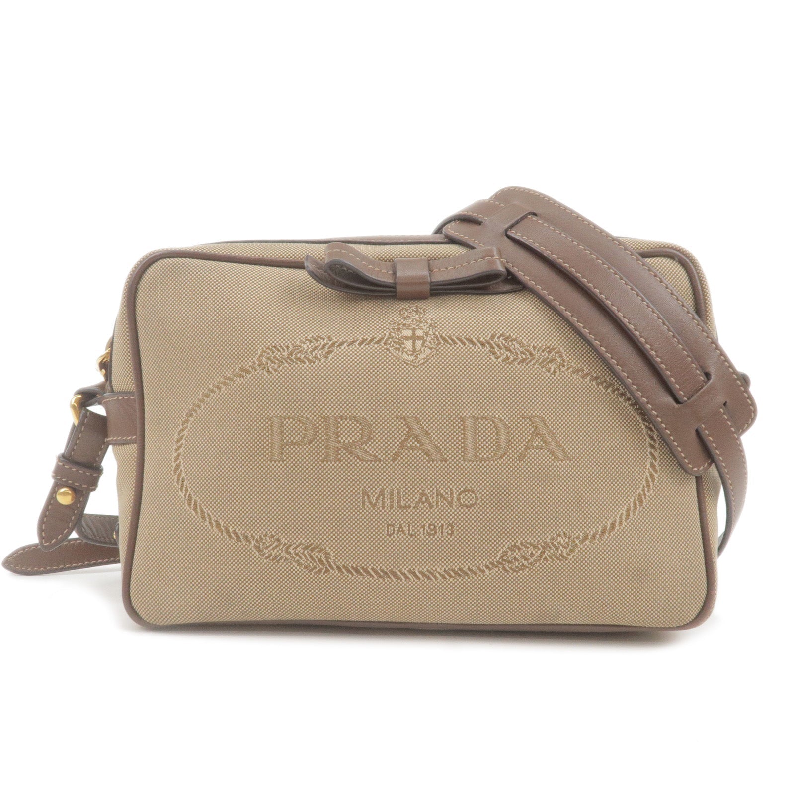 Prada Prada Logo Jacquard Leather Shoulder Bag Beige Brown 1Bh089 36093 1
