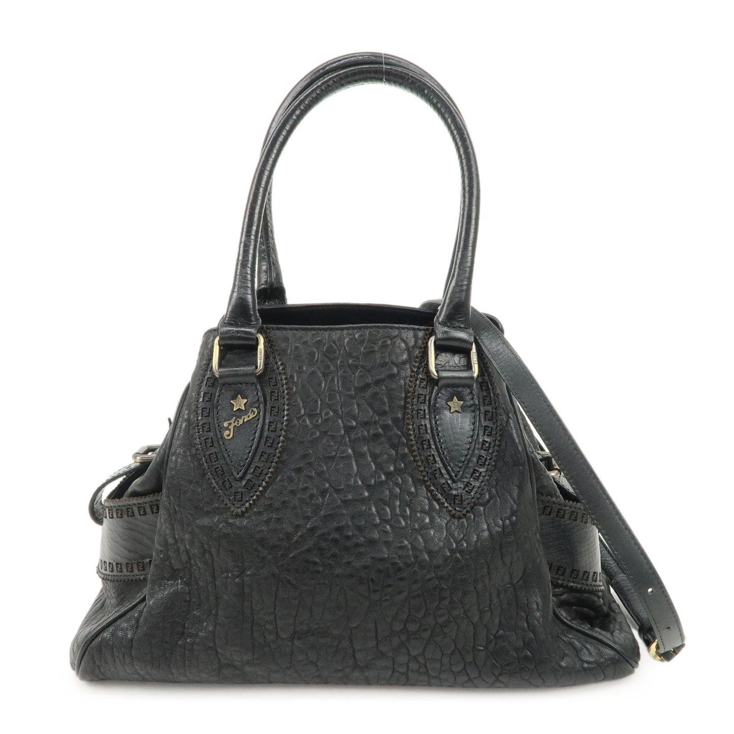 Fendi Shoulder Bag Ethnico Zucca d Leather Canvas Black