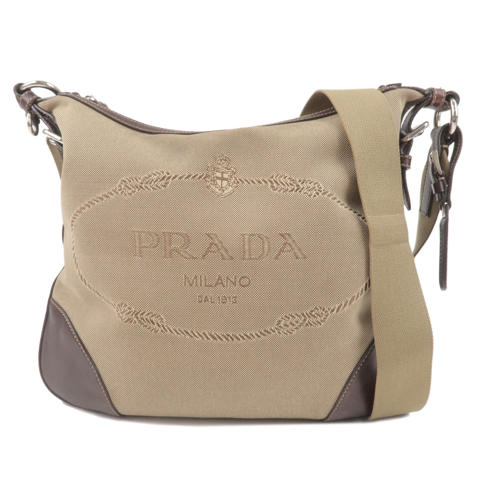 Prada Prada Logo Jacquard Leather Shoulder Bag Beige Brown Brown 36769 3