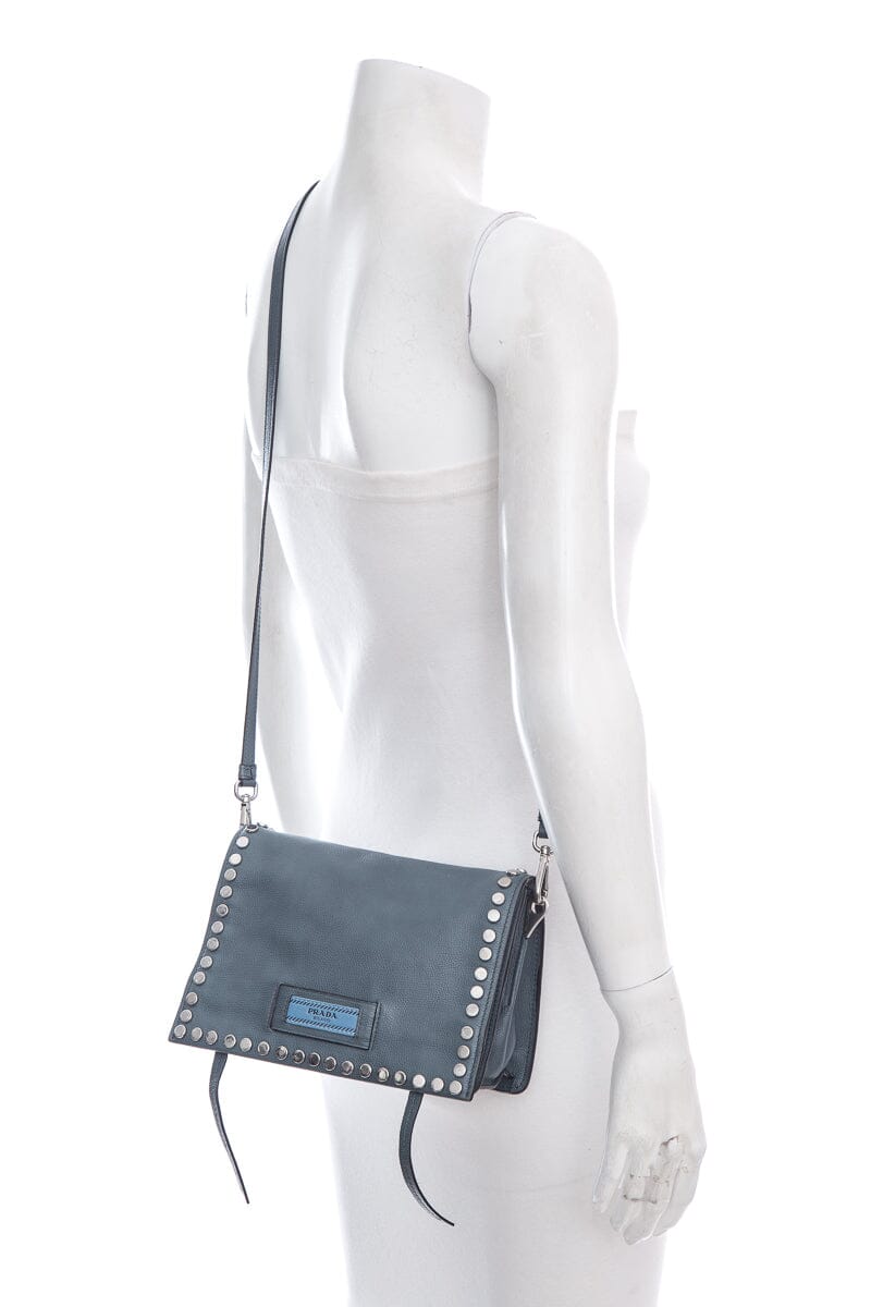 Prada Slate Studded Etiquette Crossbody Handbag Leather Blue Crossbody Bag