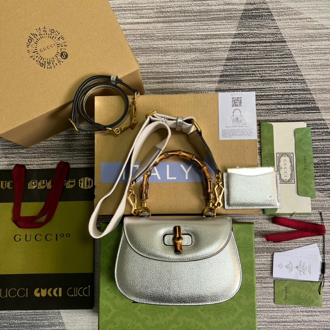 gg Bamboo , ’s 10in Silver Medium Top Handle Handbag