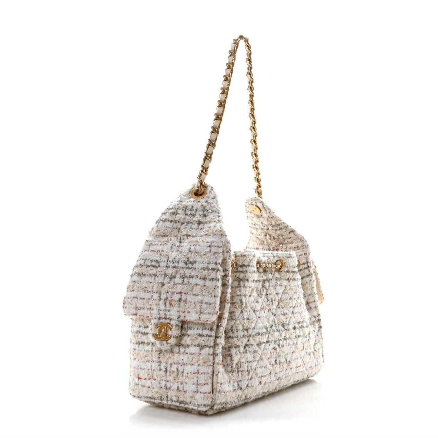 Chanel Tweed Quilted Small 25 Handbag Ecru Khaki Gold Red