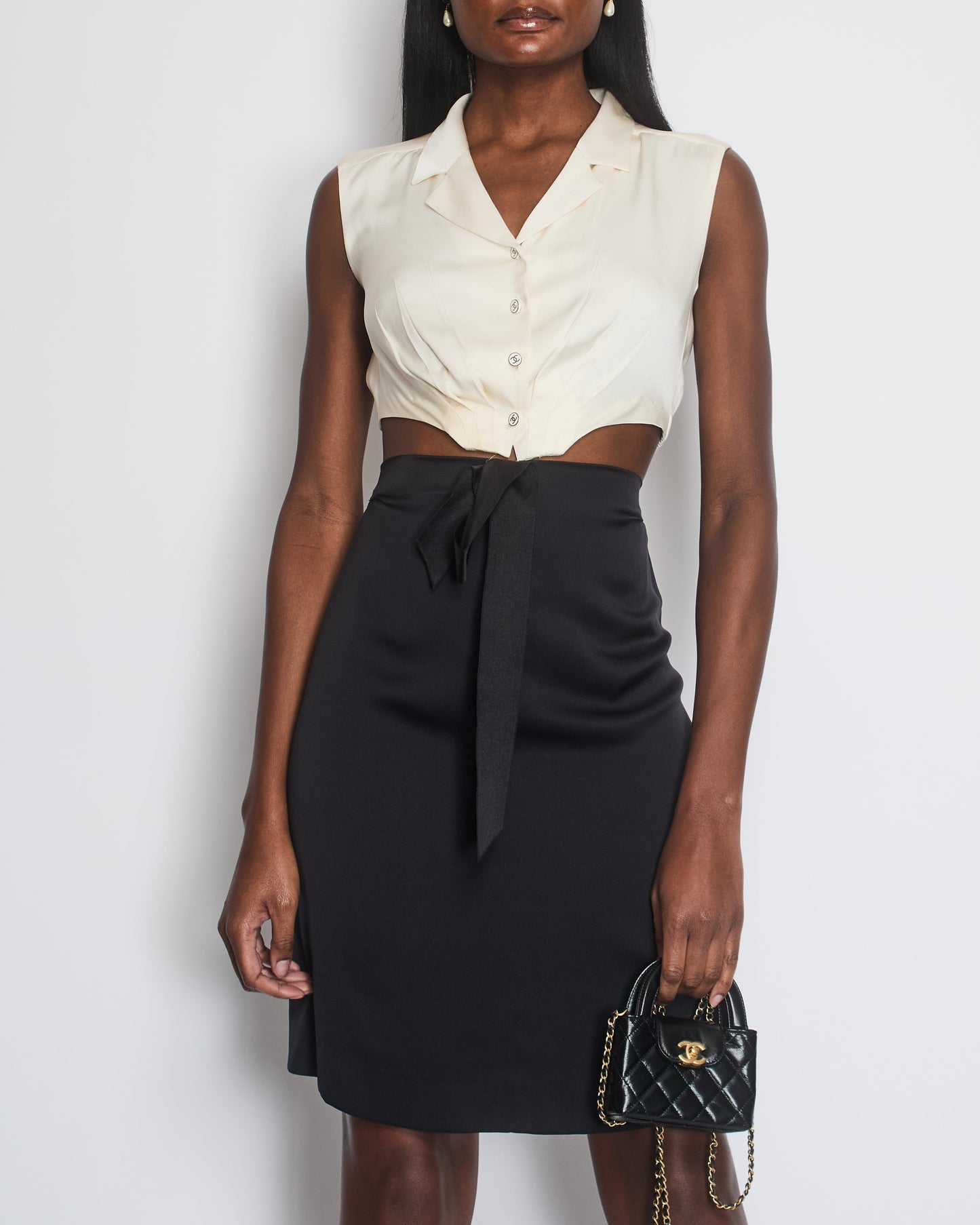 Chanel Silk Cream and Black Cut Out Dress with Bow Detail Size FR 38 (UK 10)