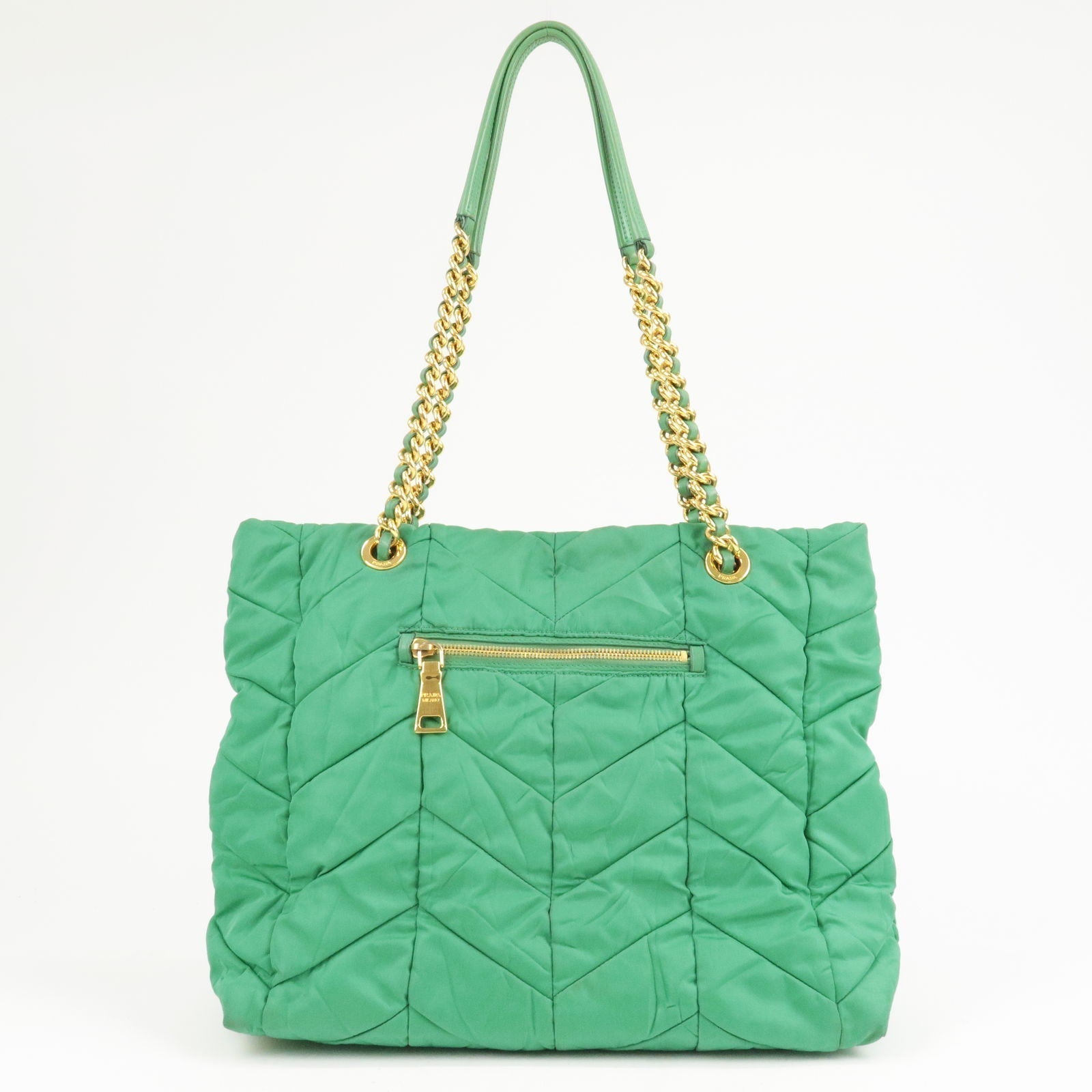 Prada Prada Logo Nylon Leather Chain Tote Bag Green