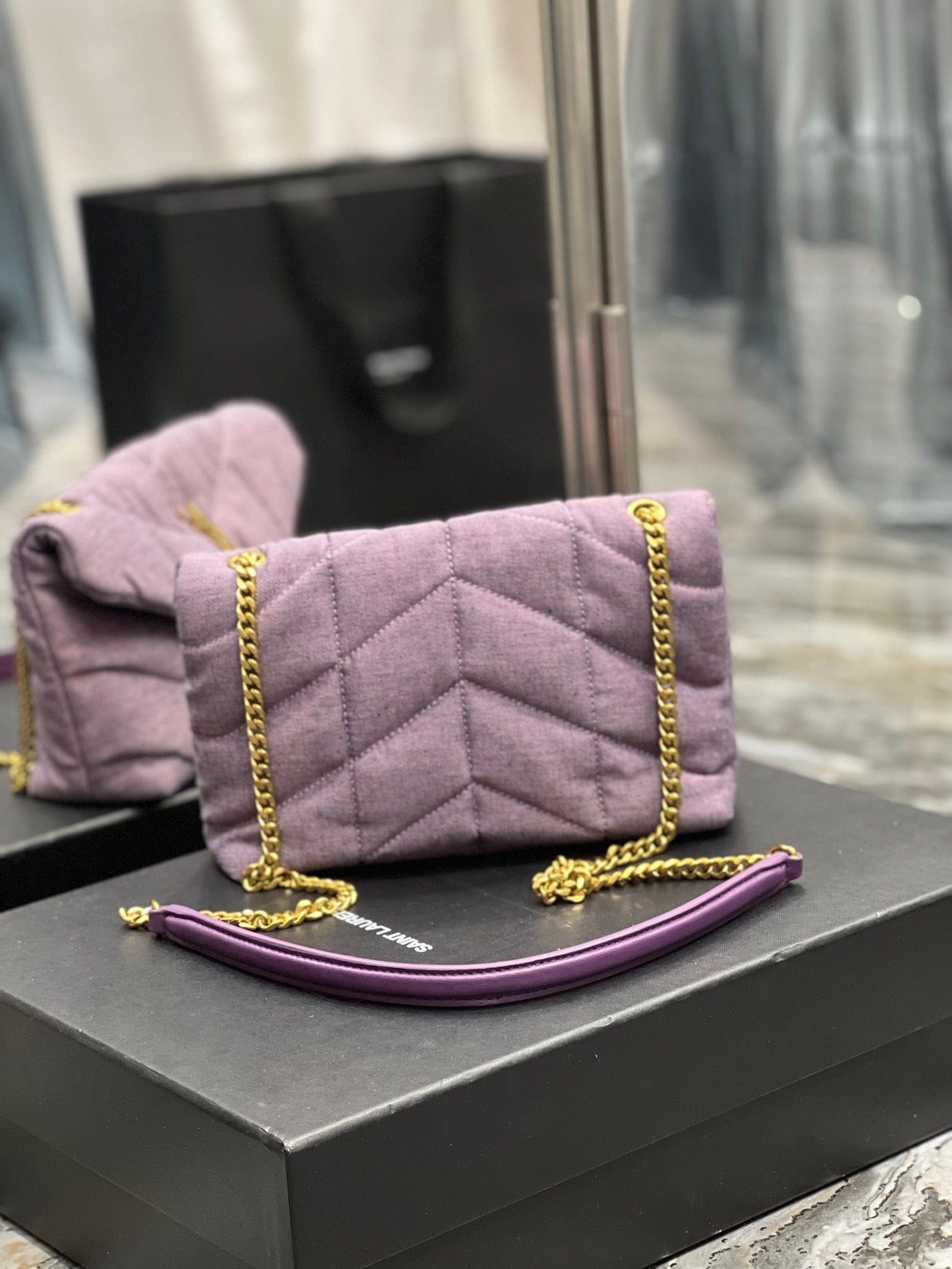 YSL Saint Laurent Puffer Toy Blesched Lilac 9in Denim Handbag