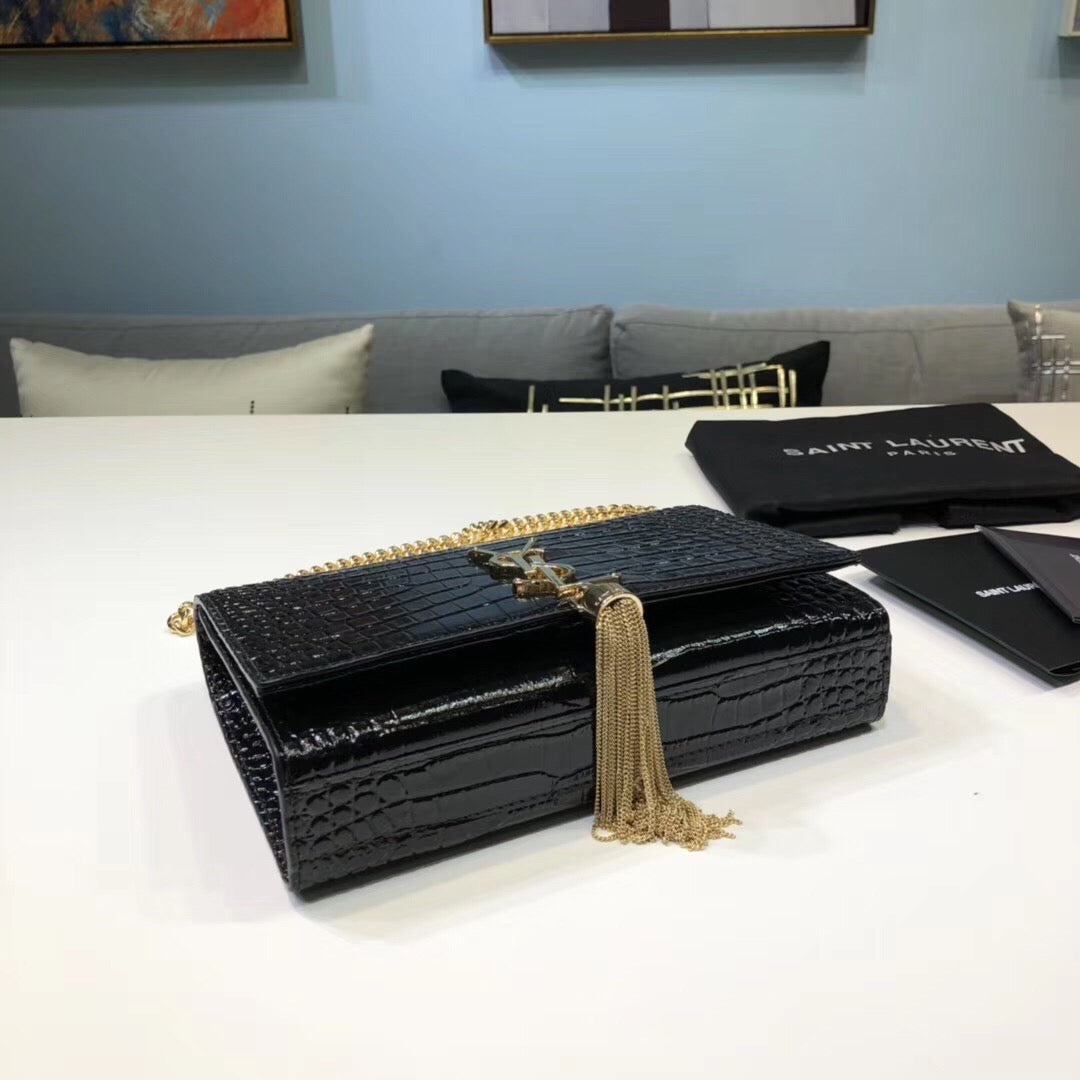 YSL Saint Laurent Kate Tassel Embossed 7.8in 20cm Black Small Chain Handbag