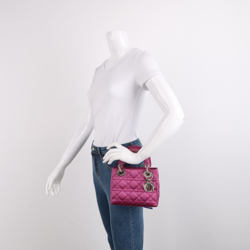Dior Lady Silk With Hardware Handbag Pink Silver Travel Bag