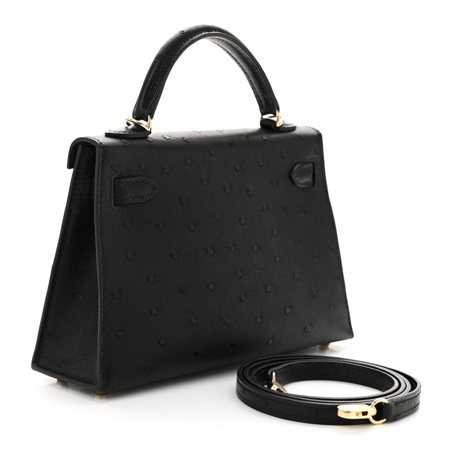 Hermes Ostrich Kelly Sellier Handbag Black Mini Travel Bag