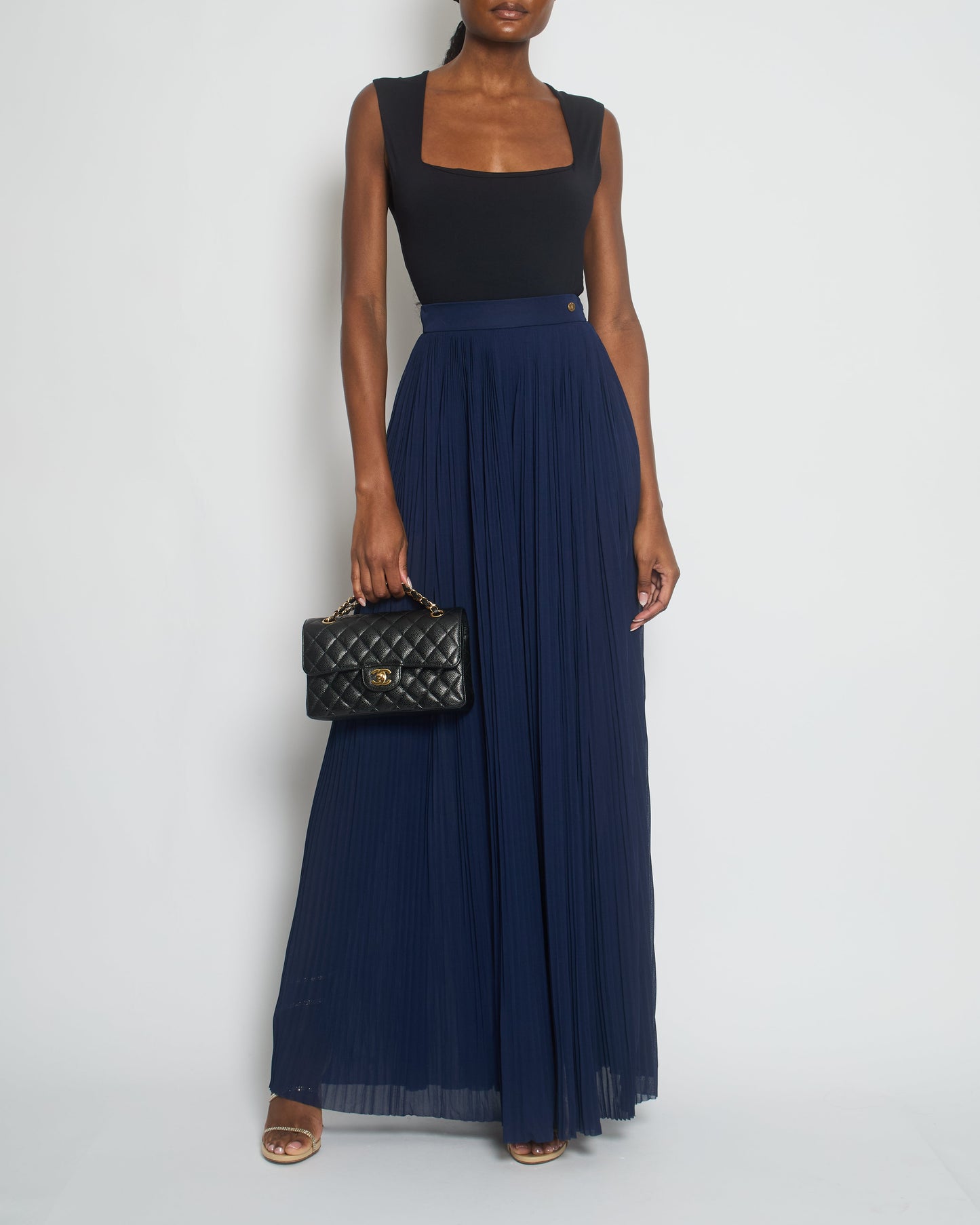 Chanel Navy Pleated High-Waist Tro rs with CC Button Detail Size FR 34 (UK 6) Accessory