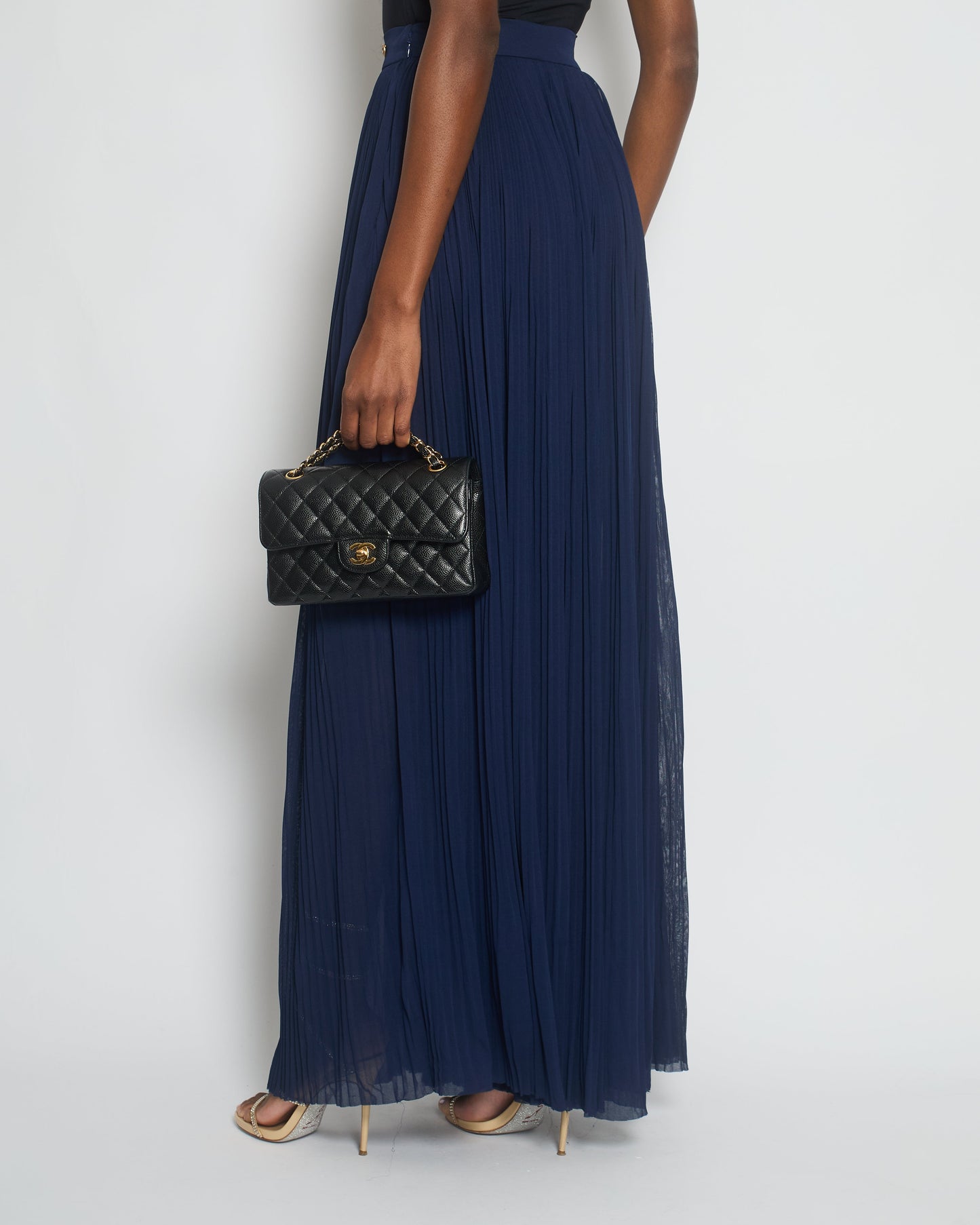 Chanel Navy Pleated High-Waist Tro rs with CC Button Detail Size FR 34 (UK 6) Accessory