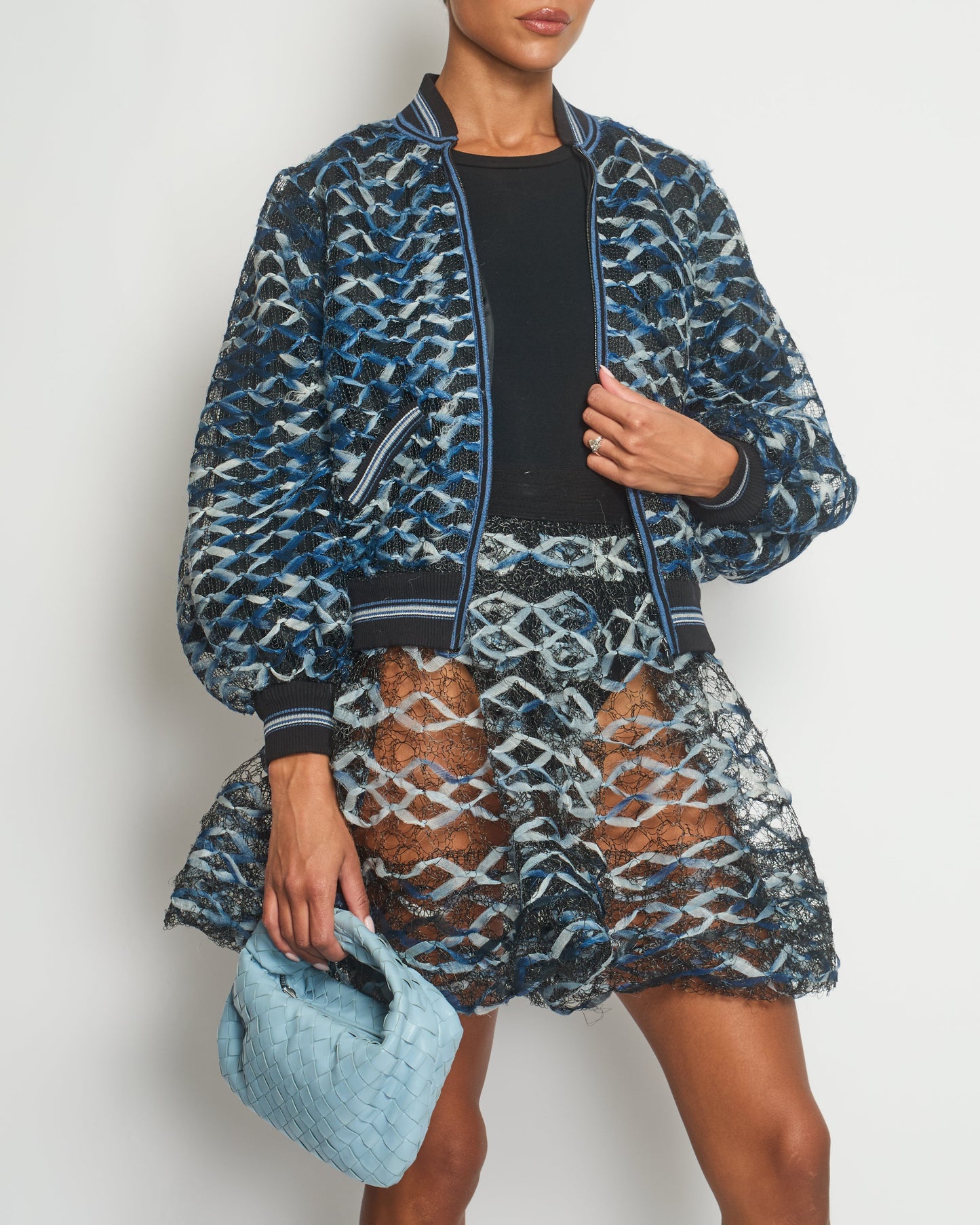 Chanel Black, White and Blue Fishnet Mini Skirt and Jacket Set Size FR 34 (UK 6) RRP £6,850