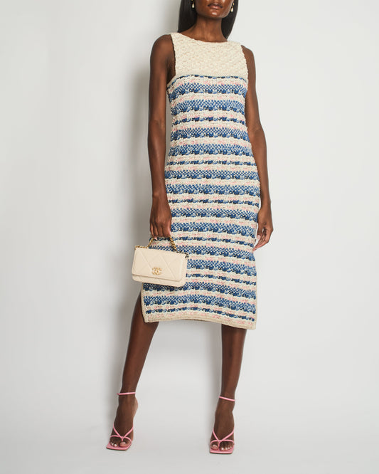 Chanel Pink, Blue & Cream Crochet Midi Dress With Metallic Thread Detail and Decorative Buttons Size FR 40 (UK 12)