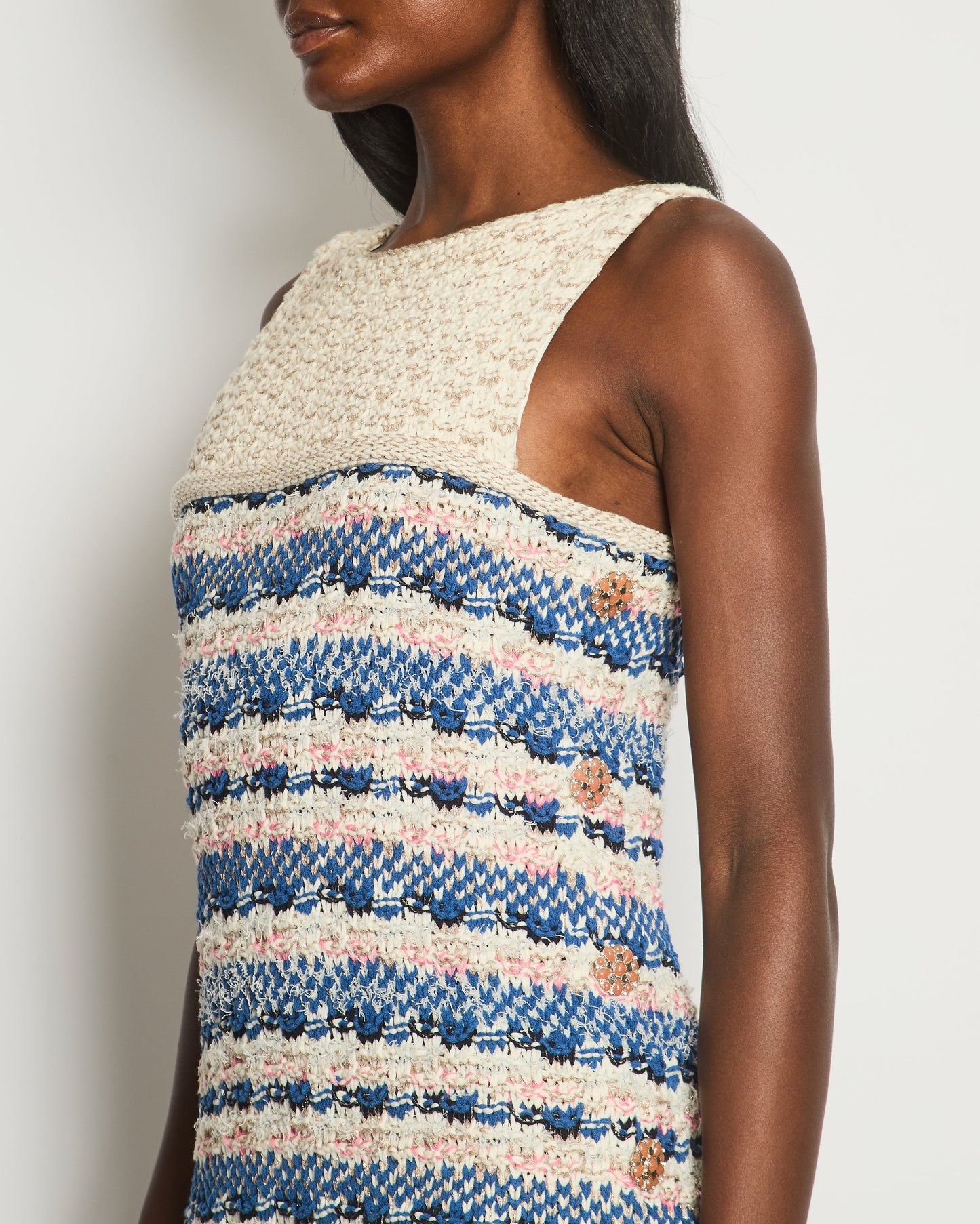 Chanel Pink, Blue & Cream Crochet Midi Dress With Metallic Thread Detail and Decorative Buttons Size FR 40 (UK 12)