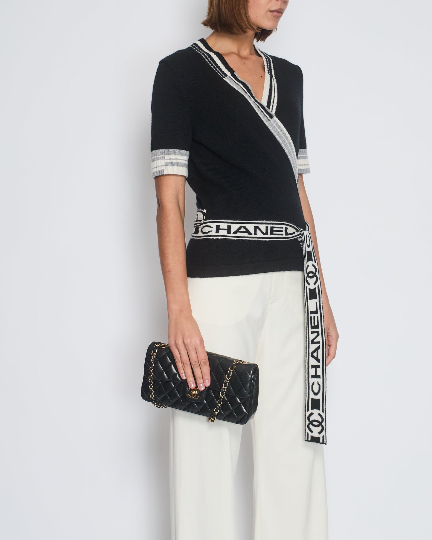 Chanel 2020 Black V-Neck Short Sleeve Wrap Cardigan with Logo Detail Size FR 38 (UK 10) Apparel