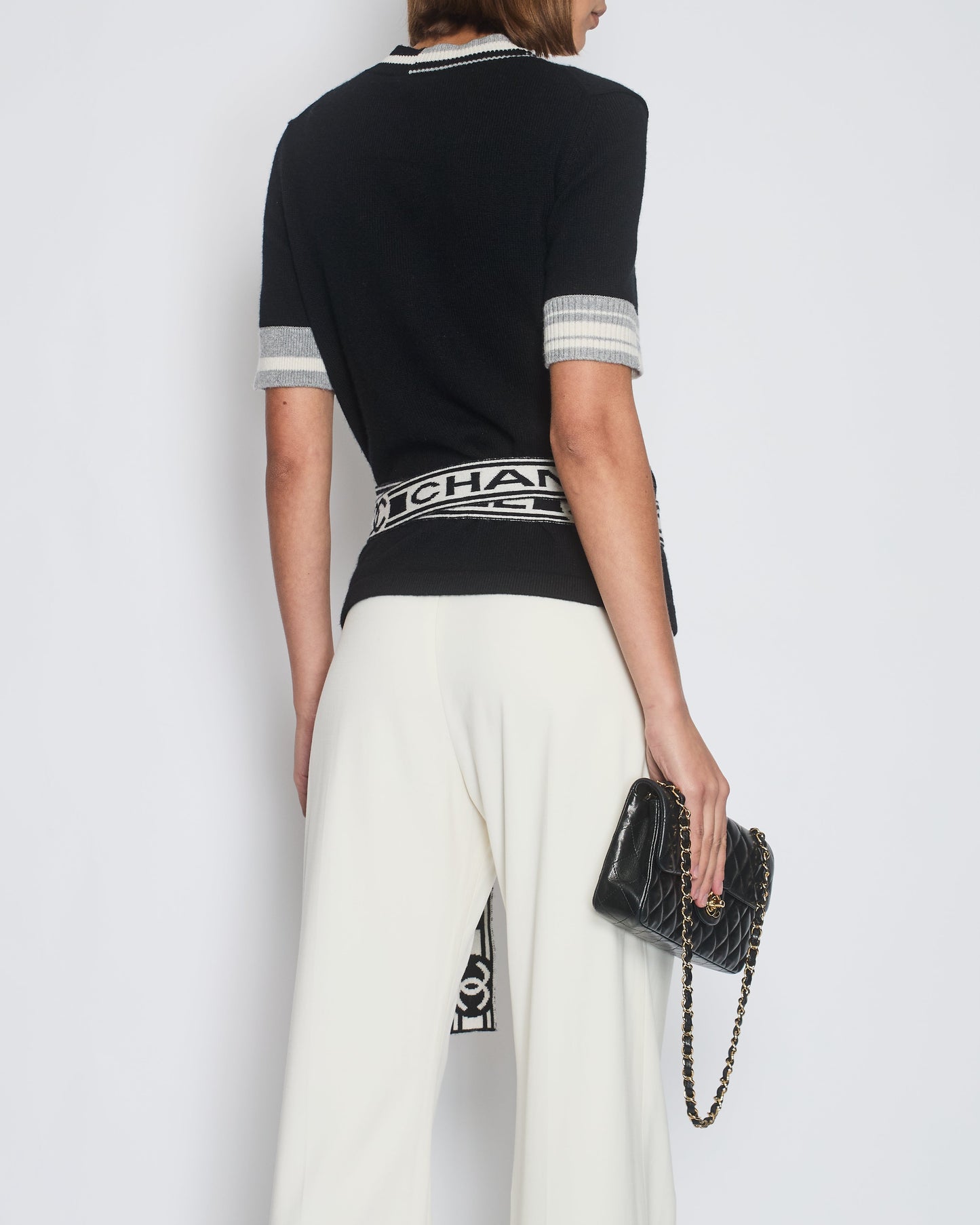 Chanel 2020 Black V-Neck Short Sleeve Wrap Cardigan with Logo Detail Size FR 38 (UK 10) Apparel