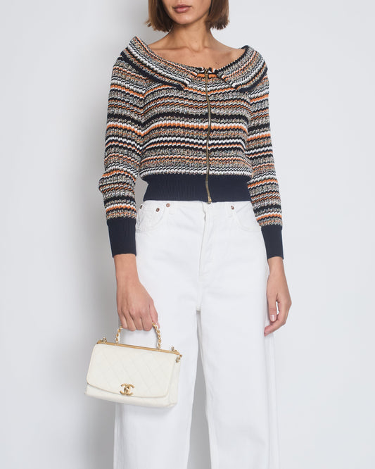 Chanel Orange, White & Navy Tweed Zip Up Cardigan FR 36 (UK 8) Apparel