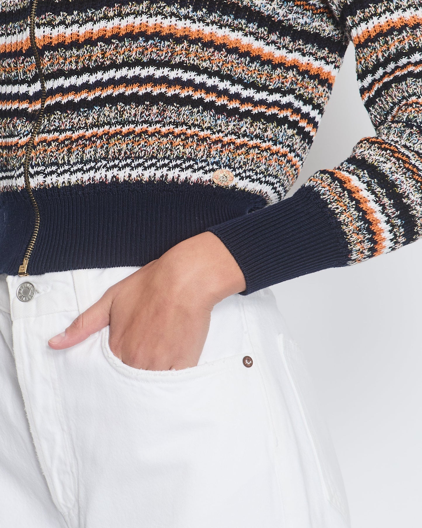 Chanel Orange, White & Navy Tweed Zip Up Cardigan FR 36 (UK 8) Apparel