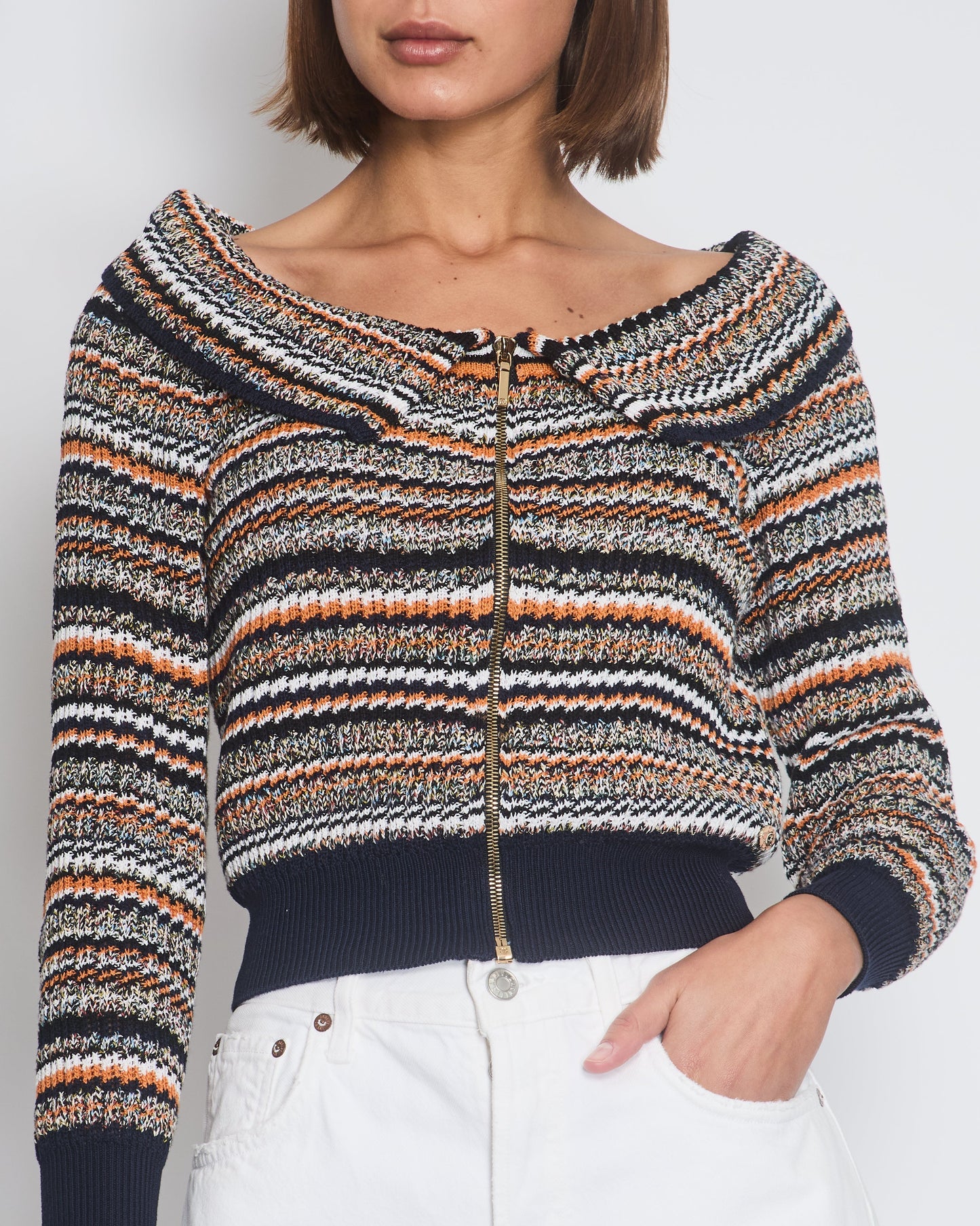 Chanel Orange, White & Navy Tweed Zip Up Cardigan FR 36 (UK 8) Apparel