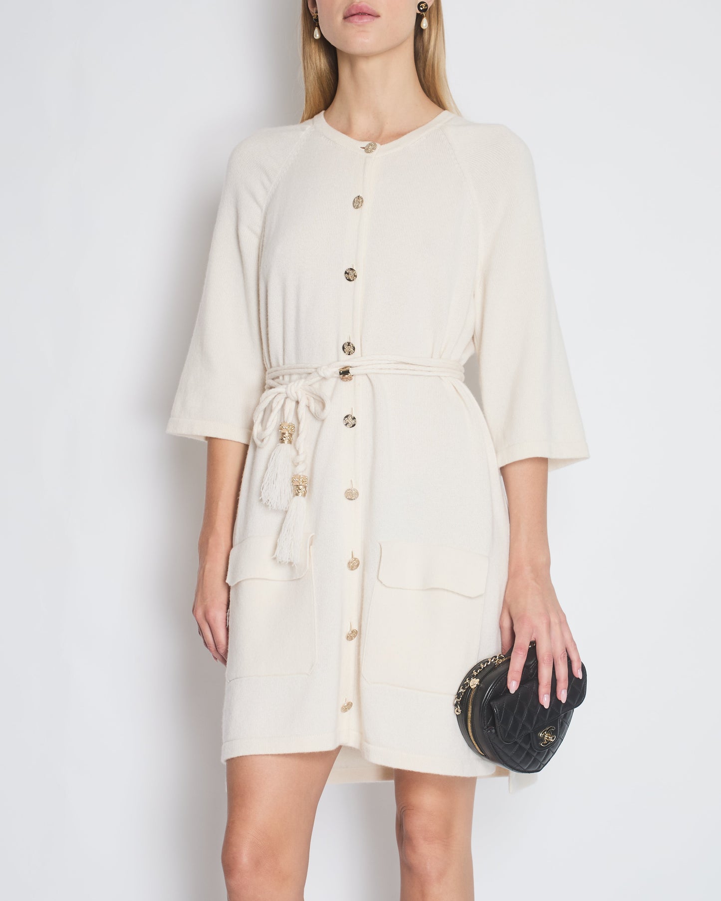 Chanel Cream Long Line Round Neck Cardigan with Belt and Pocket Detail Size FR 46 (UK 18) Apparel