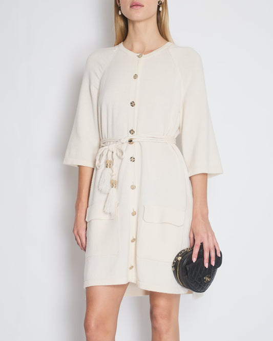 Chanel Cream Long Line Round Neck Cardigan with Belt and Pocket Detail Size FR 46 (UK 18) Apparel