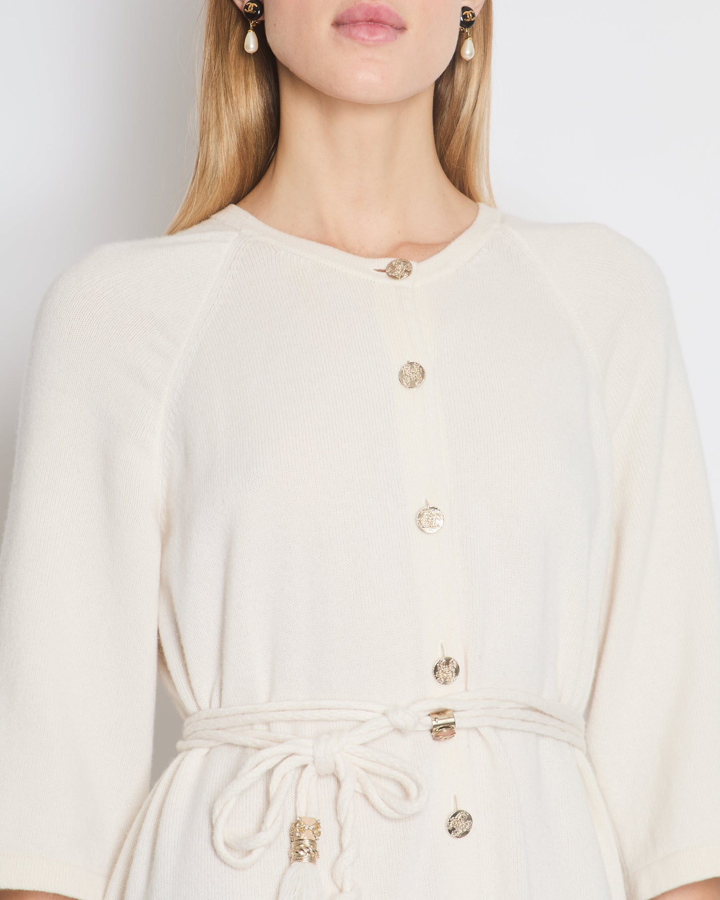Chanel Cream Long Line Round Neck Cardigan with Belt and Pocket Detail Size FR 46 (UK 18) Apparel