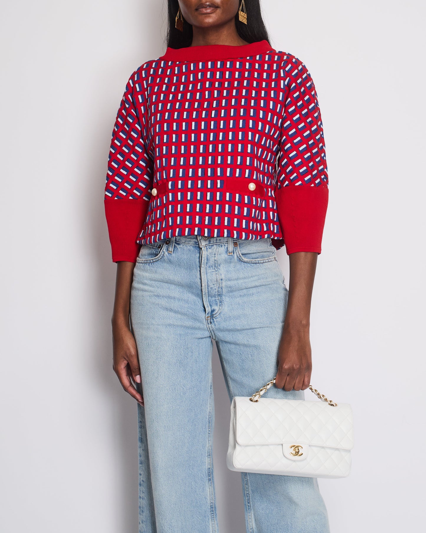 Chanel Red Knit Jumper with Pearl Pockets & Blue and White Window Detail Size FR 36 (UK 8)