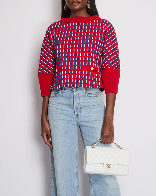 Chanel Red Knit Jumper with Pearl Pockets & Blue and White Window Detail Size FR 36 (UK 8)