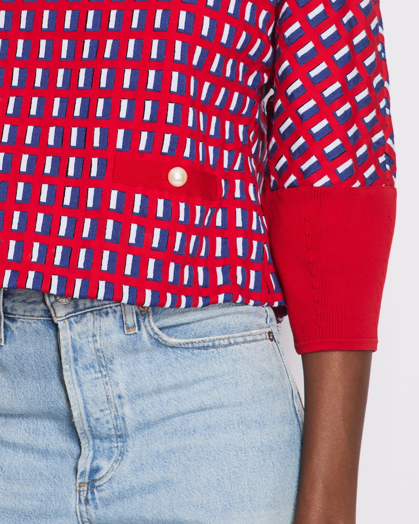 Chanel Red Knit Jumper with Pearl Pockets & Blue and White Window Detail Size FR 36 (UK 8)