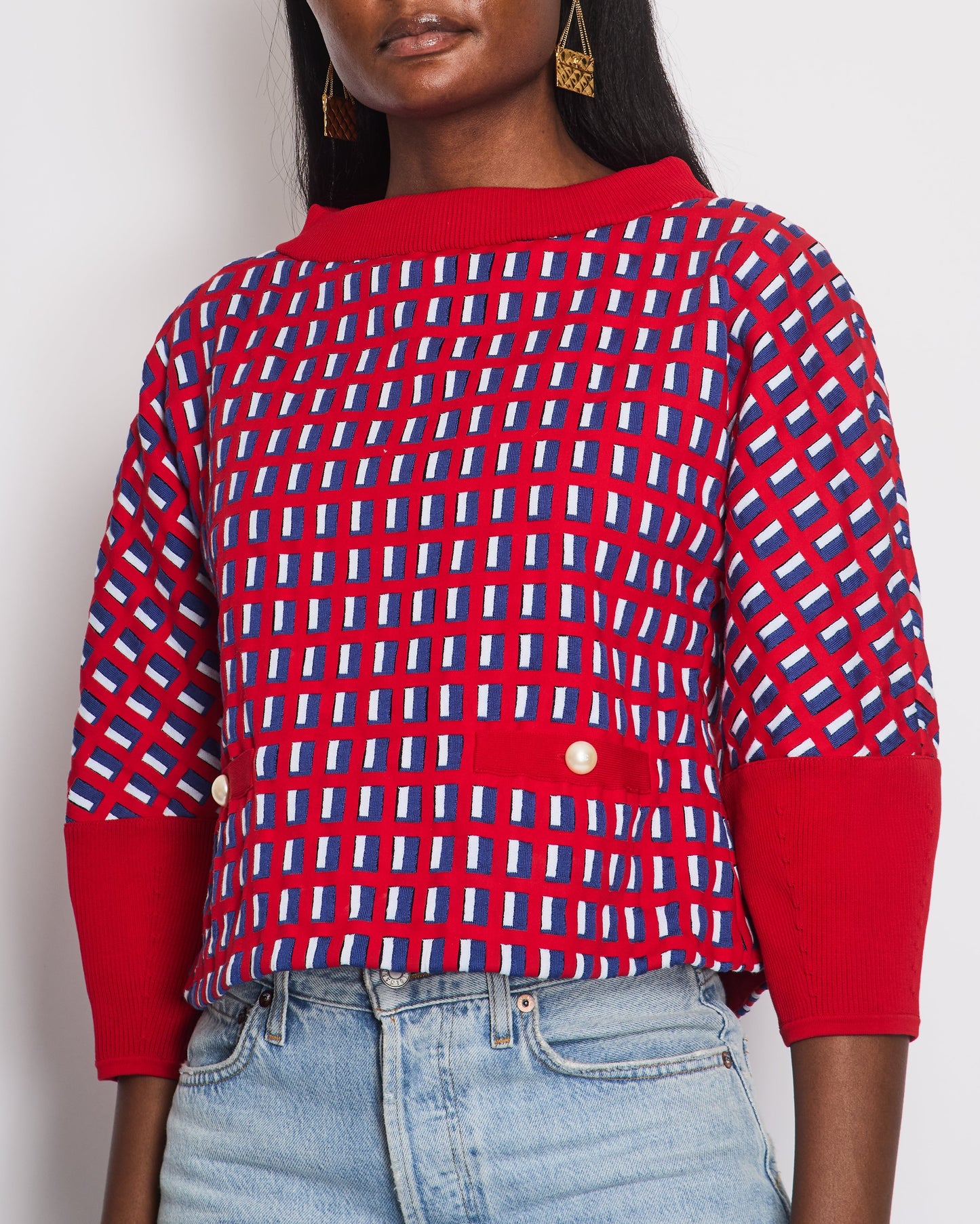 Chanel Red Knit Jumper with Pearl Pockets & Blue and White Window Detail Size FR 36 (UK 8)