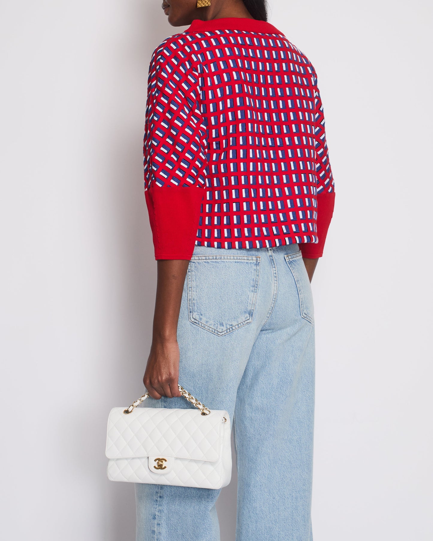 Chanel Red Knit Jumper with Pearl Pockets & Blue and White Window Detail Size FR 36 (UK 8)