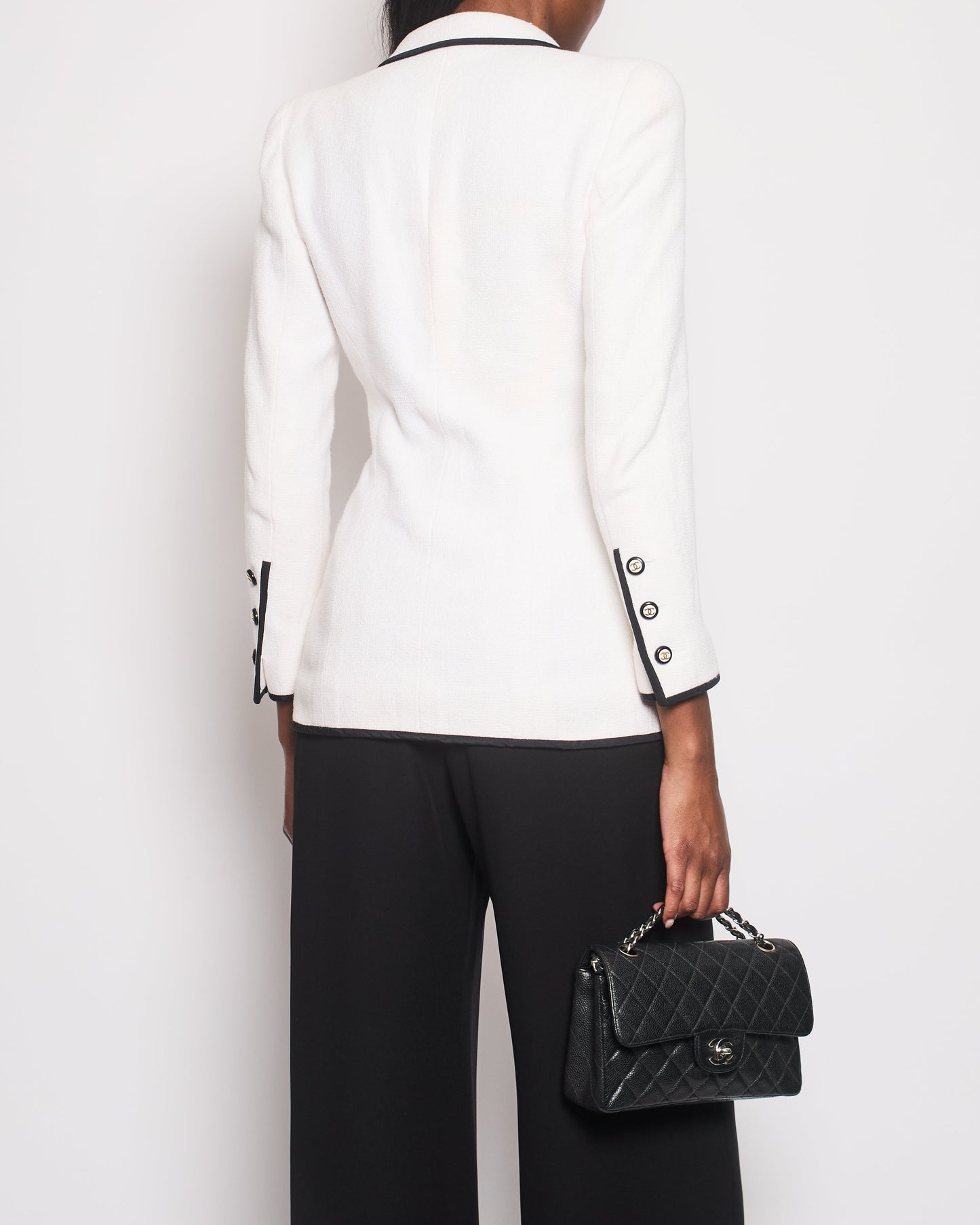 Chanel 95/P White Double Breasted Blazer with Black Trim Detail Size FR 36 (UK 8) Accessory