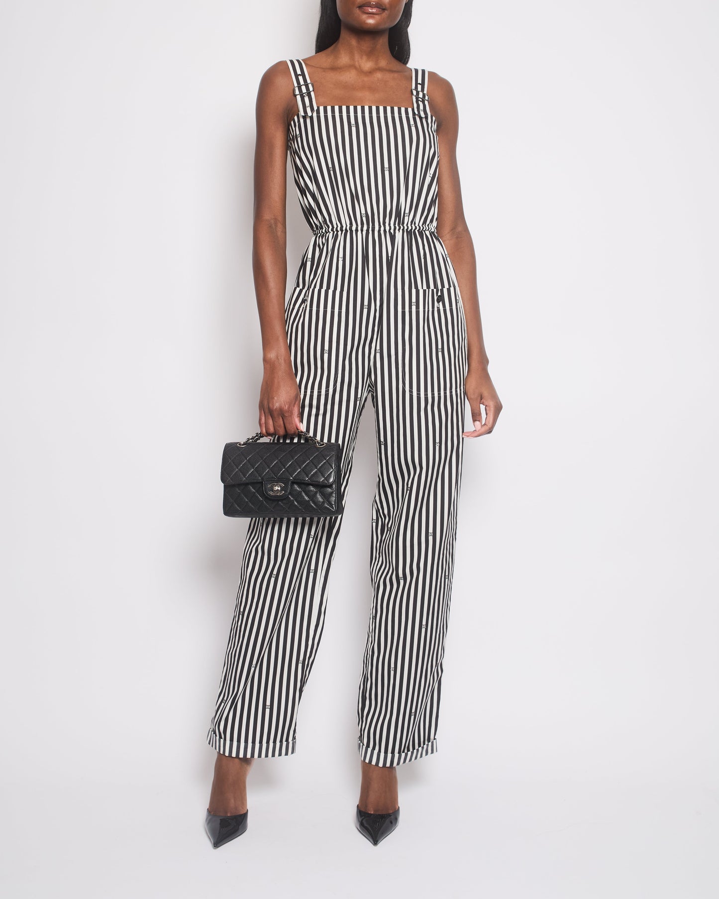 Chanel White and Black Striped Jumpsuit with Crystal CC Logos and Adjustable Straps Size (UK 8) Accessory