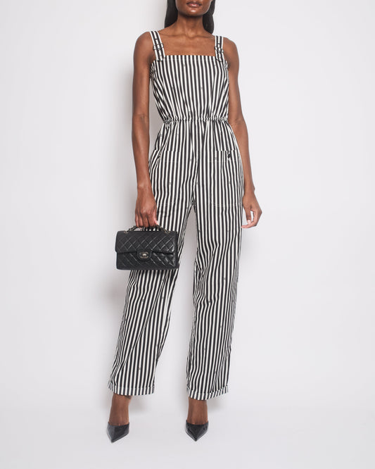 Chanel White and Black Striped Jumpsuit with Crystal CC Logos and Adjustable Straps Size (UK 8) Accessory